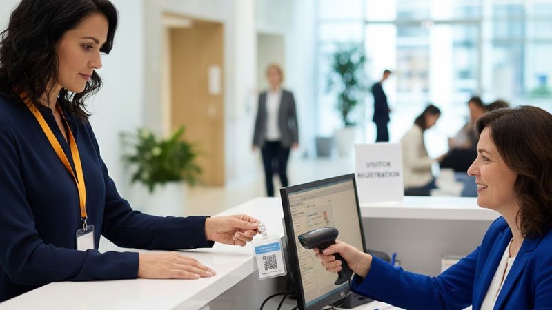 Hospital visitor check-in with labeled visitor lanyards and ID badges for better movement control