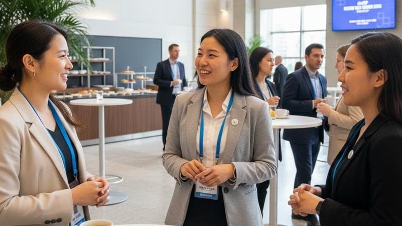 Networking at a conference made easier with visible names and company badges on lanyards