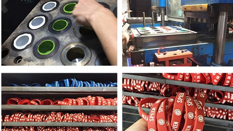 Screen printing process for silicone wristbands showing crisp logo text and high-visibility ink.