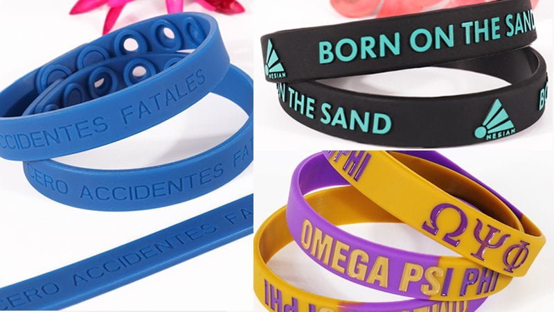 Silicone wristband decoration types: debossed, embossed, screen printed, color-filled, and embossed printed logos.