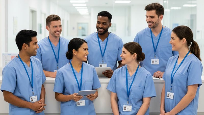 Standardized hospital lanyards and ID badges creating visual consistency and badge compliance