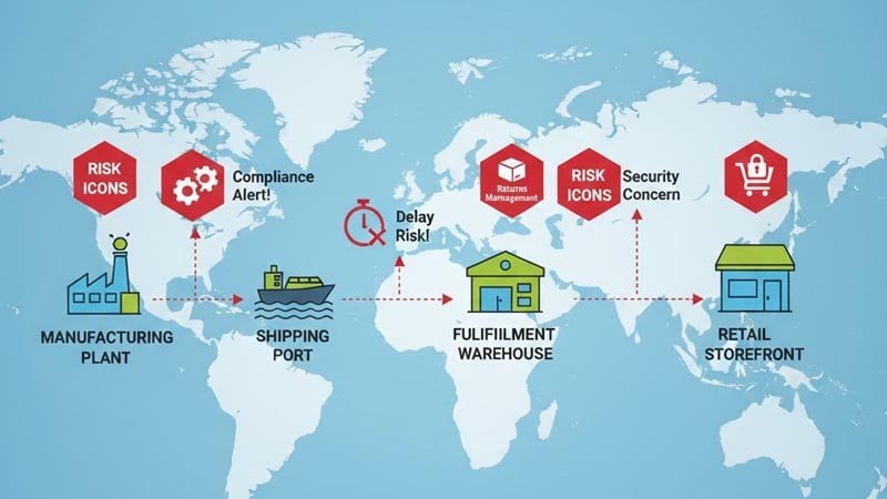 Global supply chain flow with risk icons for delays, defects, and compliance issues in event merchandise sourcing
