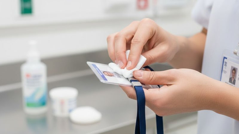 Healthcare lanyard materials being evaluated for durability and routine cleaning compatibility