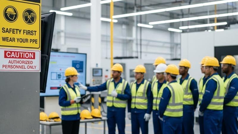 Factory safety and worker training scene representing social compliance and responsible sourcing practices