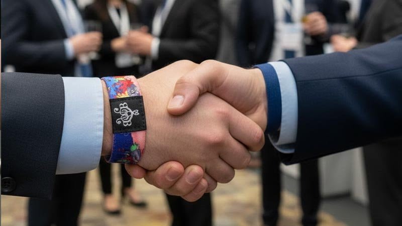 Custom branded wristbands displaying company logo at corporate event