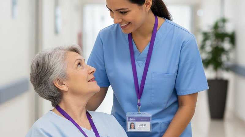 Patient recognizing a nurse by a visible color-coded lanyard in a hospital care setting