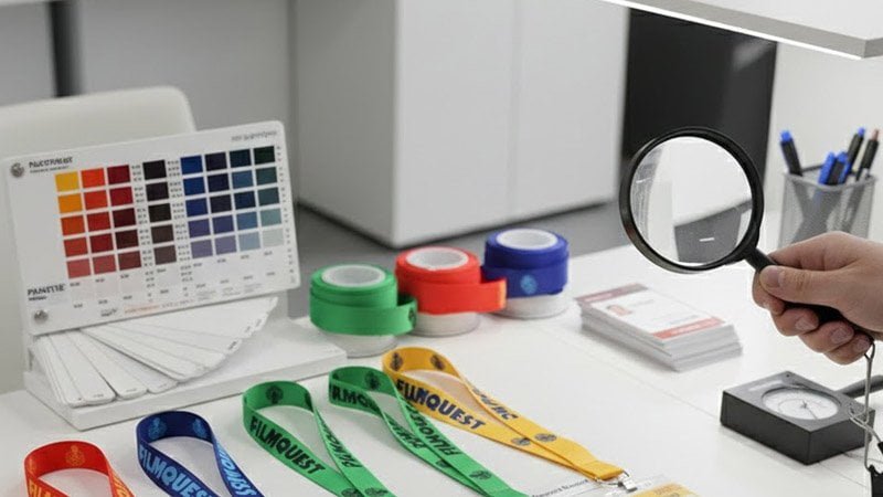 Pantone matching and QC for custom lanyard colors showing material printing samples and color accuracy checks