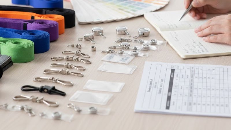Procurement review of custom healthcare lanyard materials, colors, and badge holder accessories