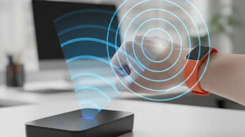 How RFID works: wristband transmits a unique ID to a reader using radio waves.