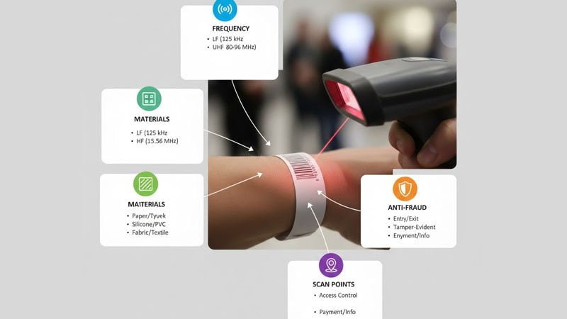 B2B tips for wristband procurement: RFID frequency, materials, anti-fraud features, and system compatibility.