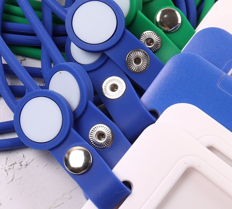 Colorful silicone lanyards with custom plastic card holders for events and workplaces