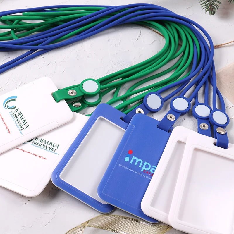 Custom silicone lanyard set with color matched plastic ID card holder and logo