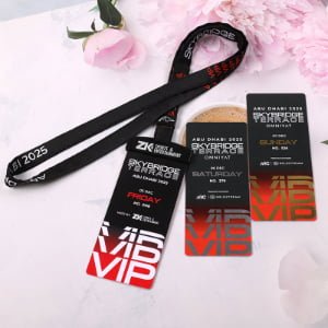 Custom woven lanyards with metal slider and serial numbered PVC badges for exhibitions
