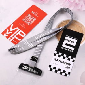 VIP event lanyard set with laser engraved zinc alloy accessory and PVC passes