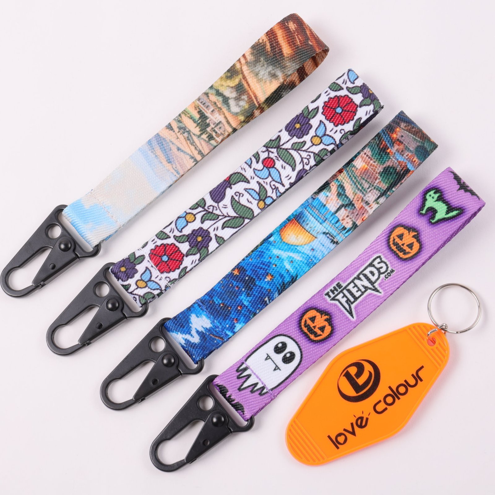 Polyester short key strap with full color printed design and PU leather link