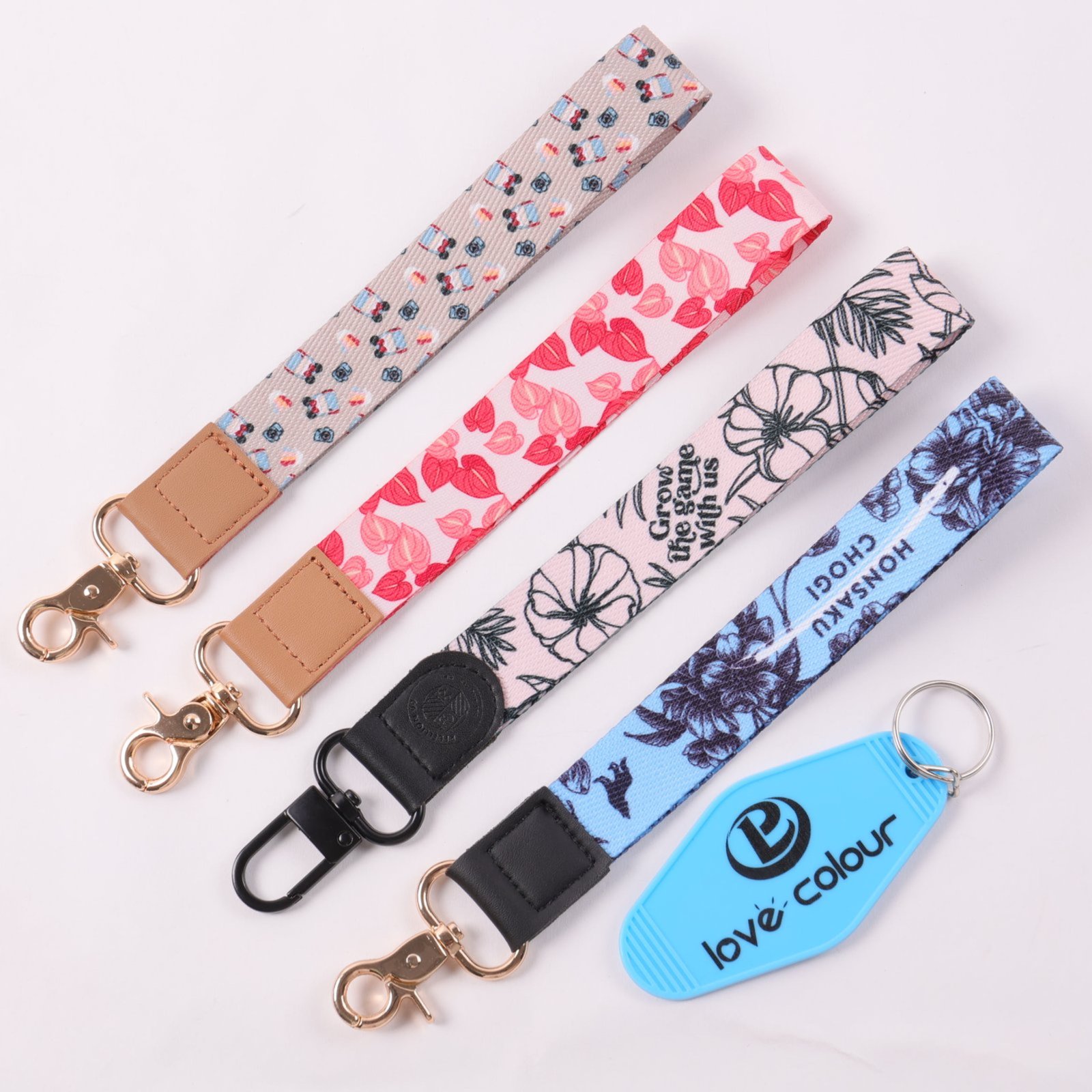 Patterned polyester short strap with PU leather connector for retail merchandise