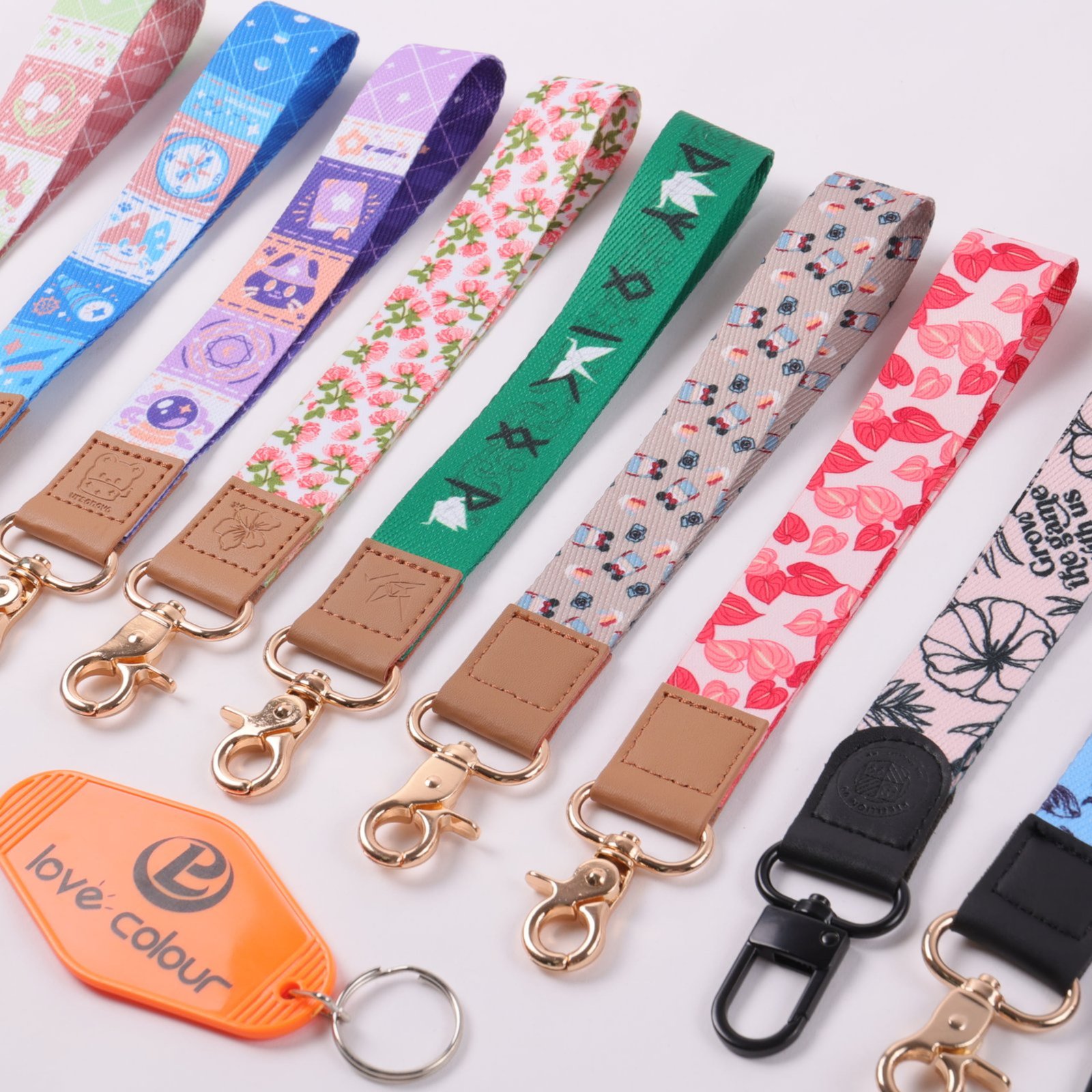 Polyester short key strap with full color printed design and PU leather link