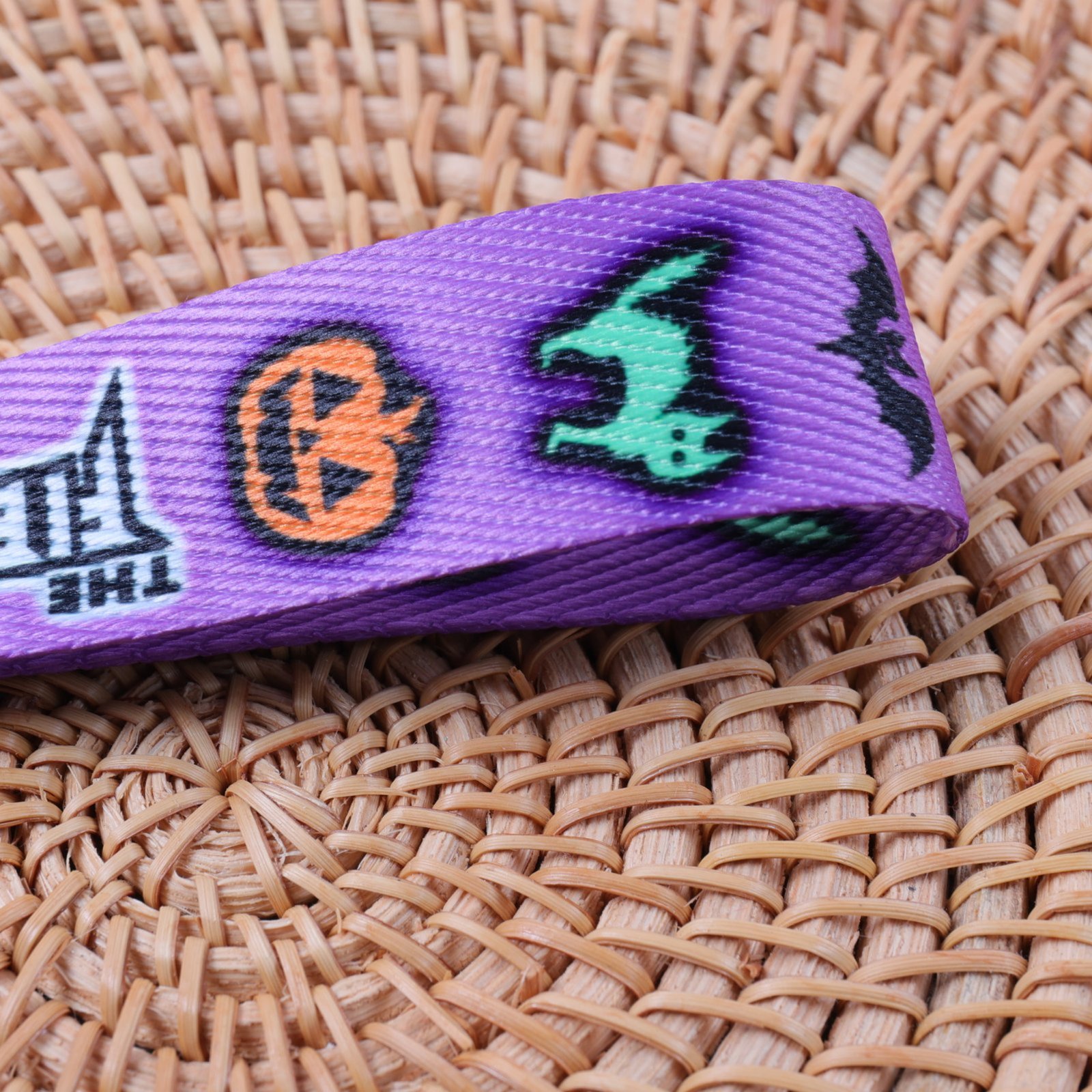 Polyester short key strap with full color printed design and PU leather link