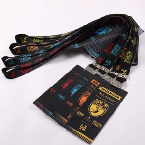 Premium black custom event lanyards with printed PVC credential badges and branded logos