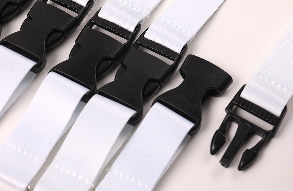 POM detachable lanyard buckle showing locking structure webbing slot and molded quality details