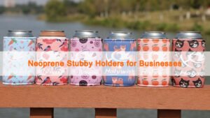Customizable neoprene stubby holders with company logos and unique designs in various colors and styles.