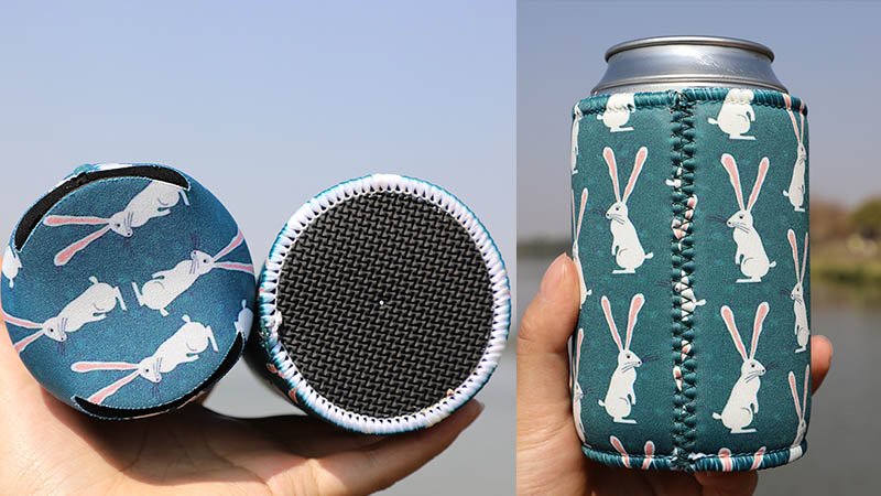 Close-up of a customized neoprene stubby holder with a company logo printed clearly, emphasizing high-quality design.