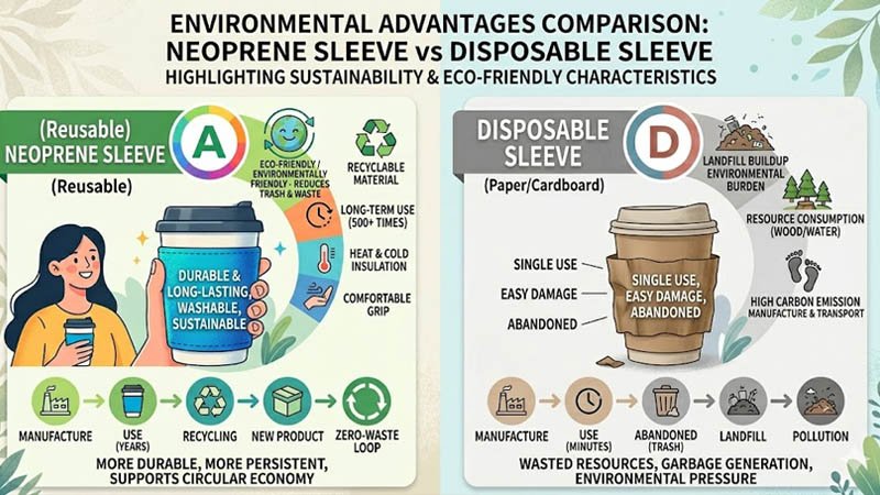 Comparison of neoprene stubby holders and disposable cup sleeves, highlighting the eco-friendly benefits of neoprene.