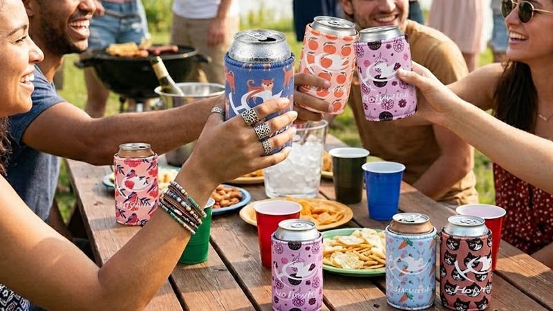 Attendees at a business event using branded neoprene stubby holders, showcasing their utility as corporate giveaways.
