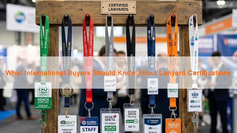 Various custom lanyards displaying certifications like ISO, BSCI, SGS, REACH to emphasize product quality, safety, and ethical sourcing.