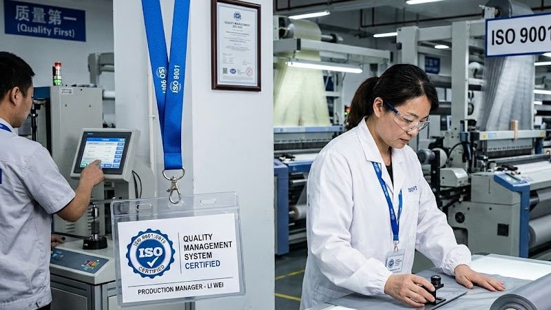 SO 9001 certified lanyard being inspected in a quality-controlled factory setting.