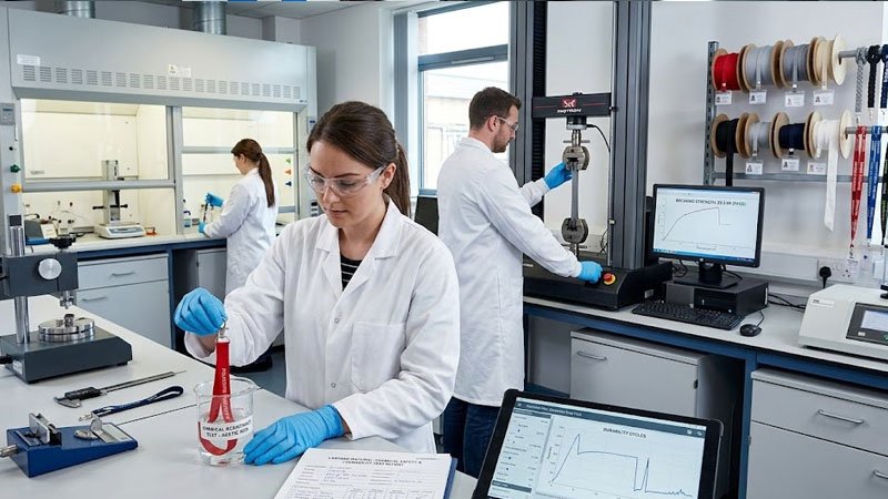 GS certified lab testing lanyard materials for chemical safety and durability.