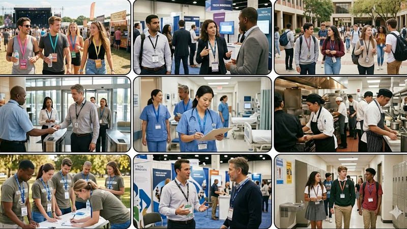 Lanyards being used in events, offices, and schools, showcasing safety features and branding potential for different industries.