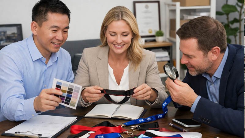 A supplier meeting reviewing samples of custom lanyards, highlighting the process of choosing the right supplier for wholesale orders."