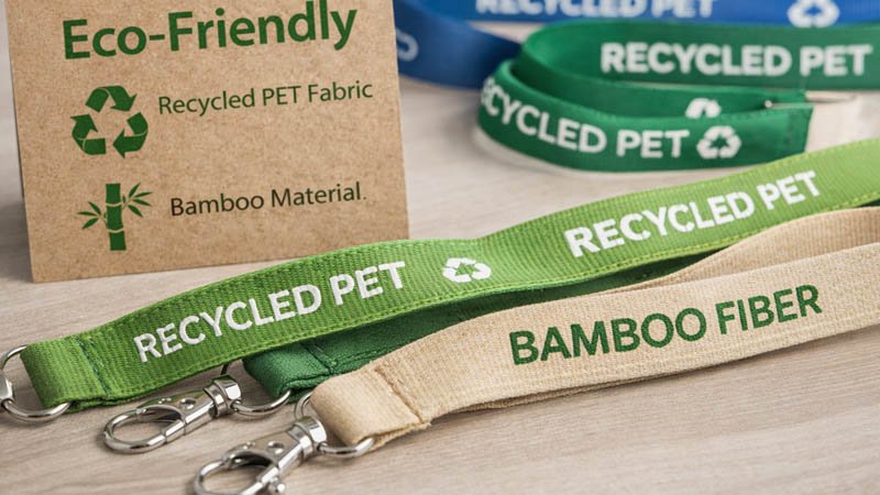 co-friendly lanyards made from recycled materials, emphasizing sustainability and ethical manufacturing practices for wholesale buyers.