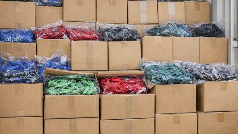 Cargo container filled with bulk lanyard orders, illustrating the shipping and delivery process for wholesale lanyards.