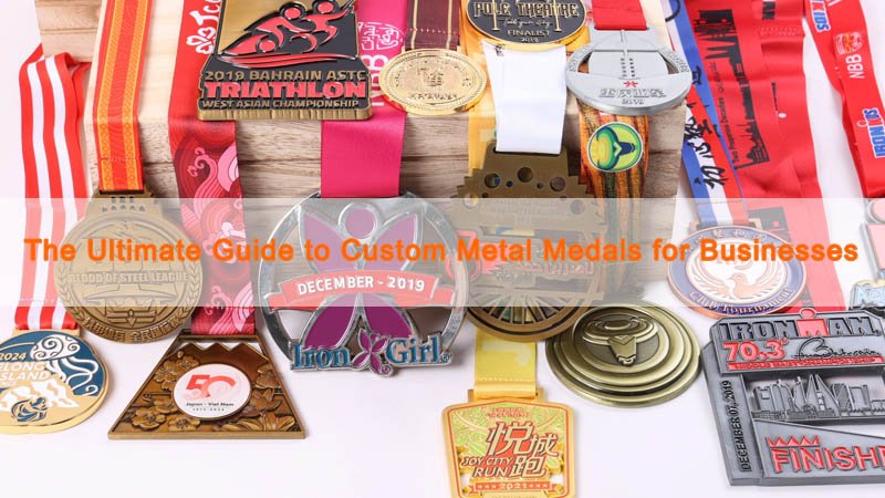 High-quality custom metal medals for corporate awards including die-cast, stamped, electroplated, enamel-filled, and antique finishes, displayed with premium metallic textures.