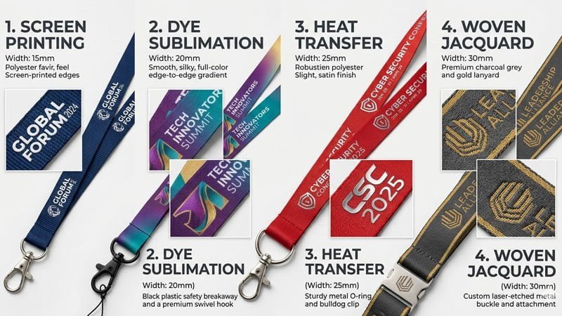 custom lanyard widths matched with screen printing sublimation heat transfer and woven styles