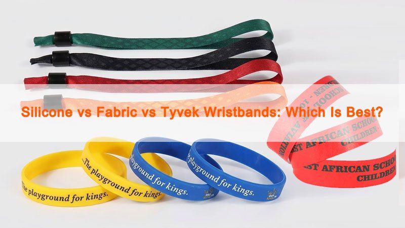Silicone, fabric and Tyvek wristbands displayed side by side for comparison