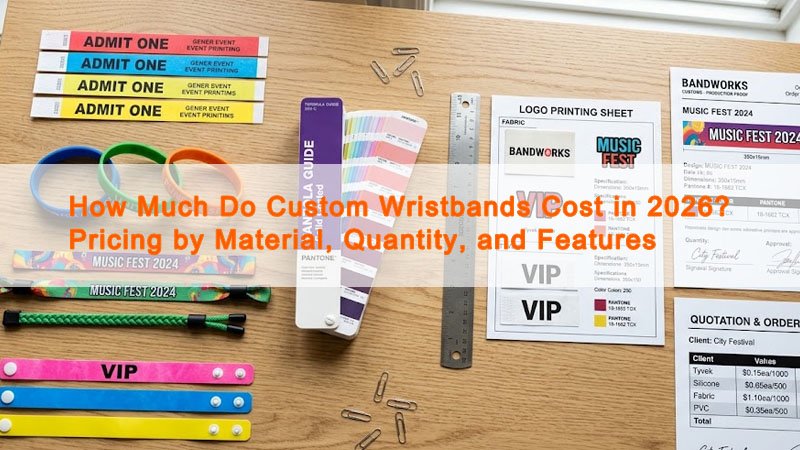 Custom wristbands in different materials displayed for 2026 pricing comparison