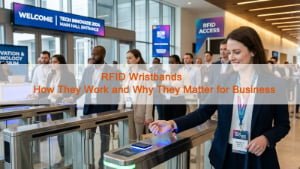 Attendee scanning an RFID wristband at a modern event entrance for fast access control