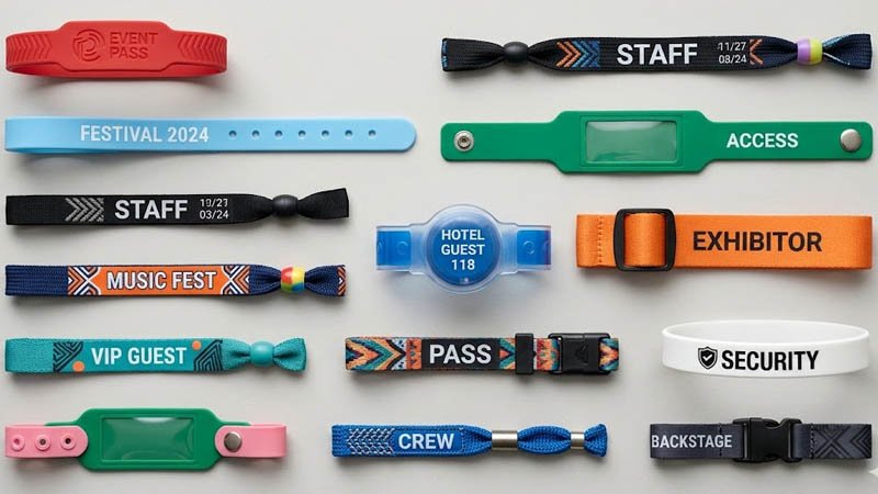 Different types of RFID wristbands displayed in silicone, fabric, woven, and PVC materials