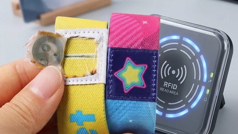 Close-up of an RFID wristband with embedded chip next to an RFID reader