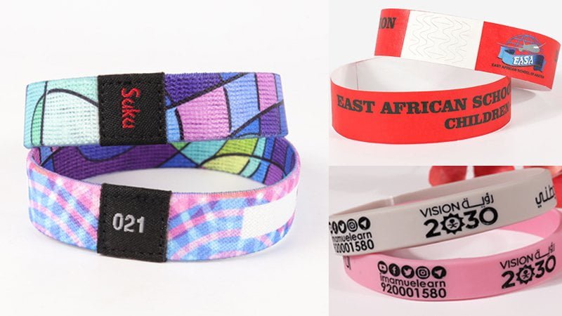 Different types of RFID wristbands for events including fabric silicone PVC and Tyvek styles