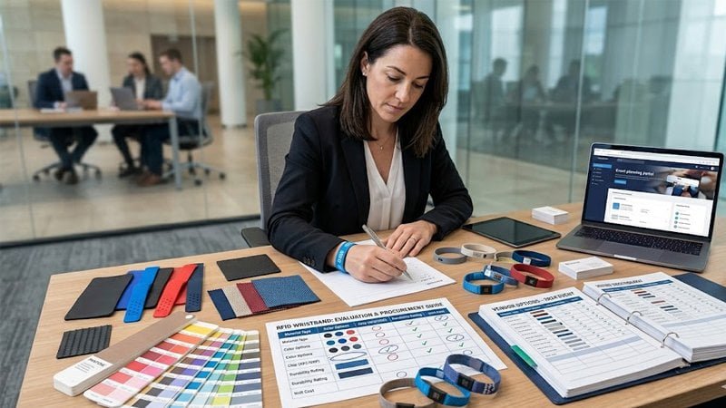 Event buyer reviewing RFID wristband samples materials and product specifications