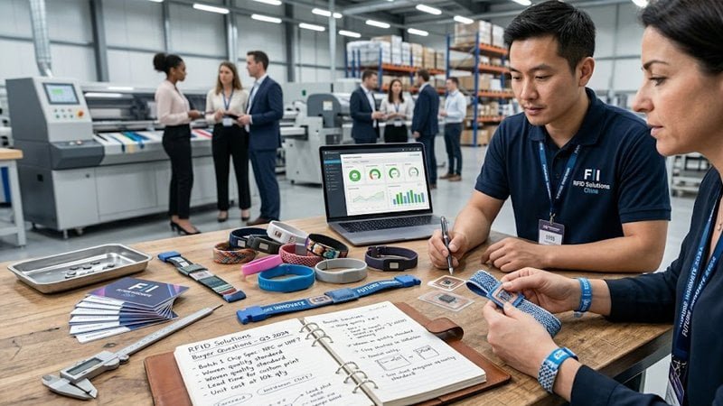 Buyer discussing RFID wristband specifications samples and lead time with a supplier