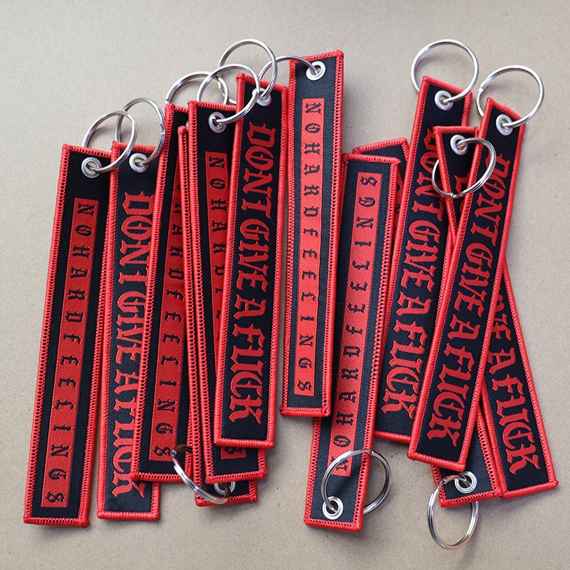 custom polyester woven keychain with embroidery and split ring hardware