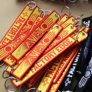 embroidered woven label keychain short strap with custom logo and metal ring