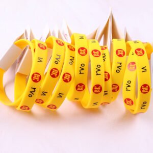 Personalized silicone wristbands with heat transfer printing and custom hang tags, perfect for branding