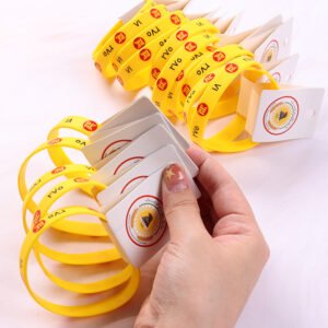 Promotional silicone wristbands with personalized printing, including product hang tags for added presentation