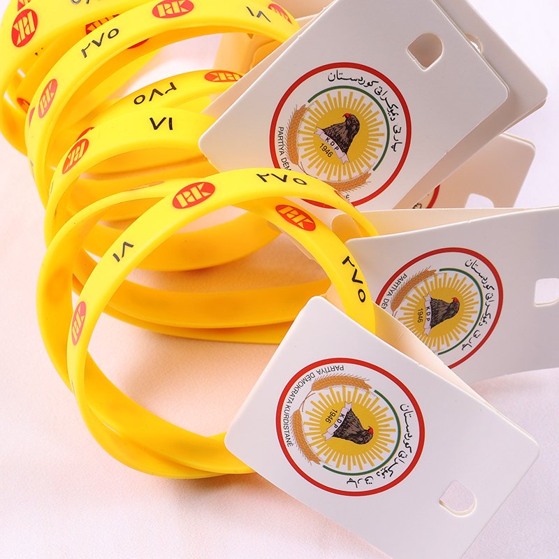 Full-color custom silicone wristbands with debossed logo and product hang tag for large-scale events